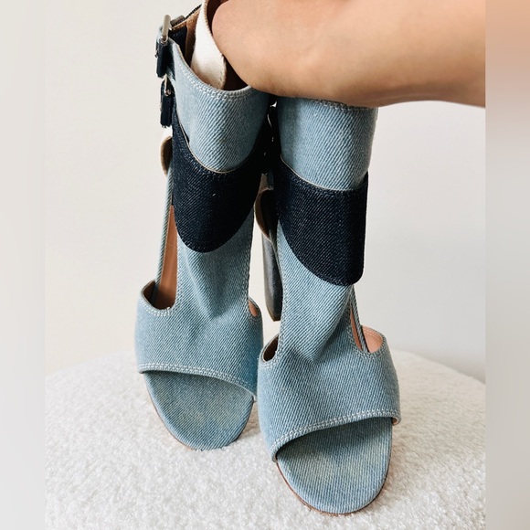 Multi Contrasting Jean Cutout Sandal By Laurence Dacade Size 39.5  4" Heel - Picture 16 of 16
